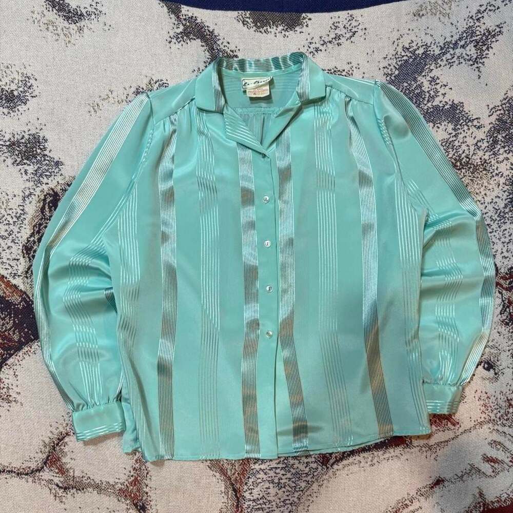 Vintage En-Chanté Mint Green Striped Satin Blouse Shirt